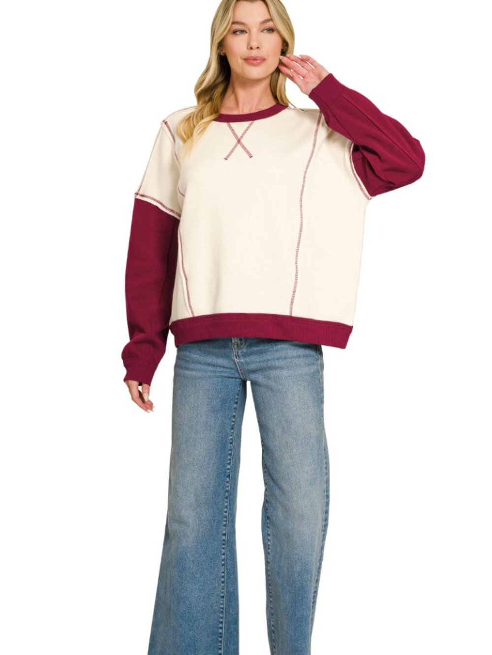 Fleece color block exposed seam pullover